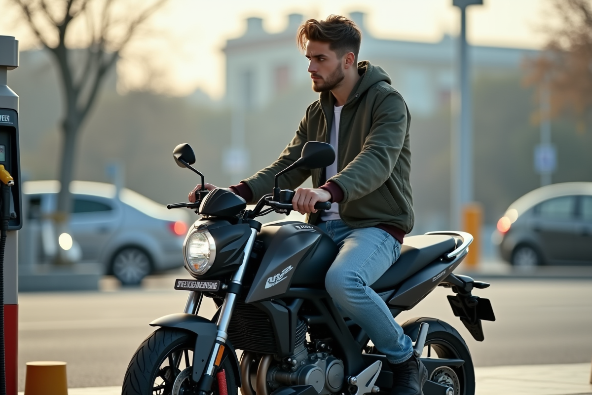 Jeune homme sur moto en station essence urbaine