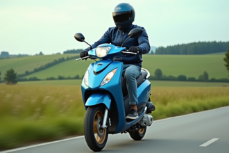 Jeune homme en moto scooter sur route campagne
