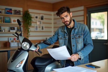Jeune homme avec scooter et documents d'assurance