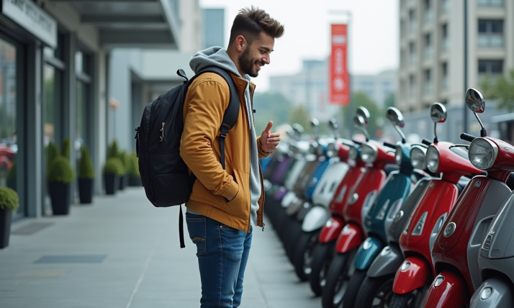 Jeune homme souriant examinant des scooters neufs