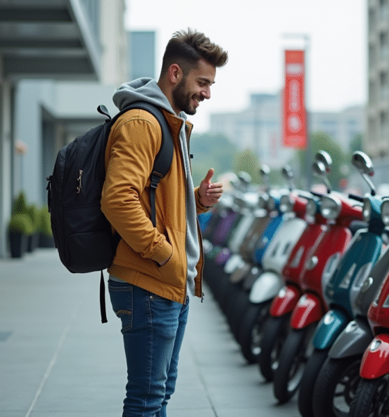 Jeune homme souriant examinant des scooters neufs
