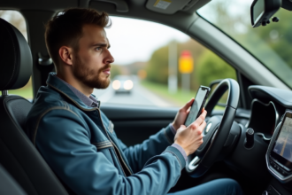 Jeune homme dans une voiture avec smartphone et radar routier