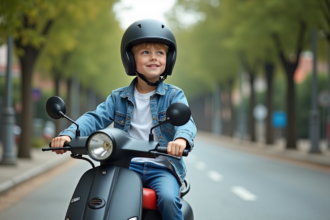 Adolescent en scooter urbain avec casque et jeans