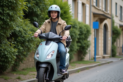 Jeune garçon à scooter dans un village français authentique