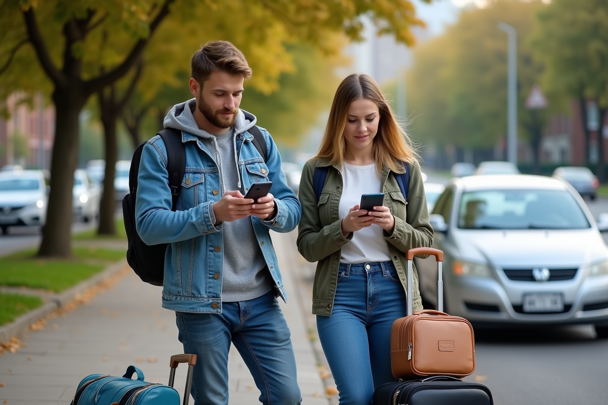 Jeunes attendant le covoiturage sur le trottoir en ville