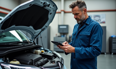 Mécanicien homme en bleu examinant un diagnostic auto Renault