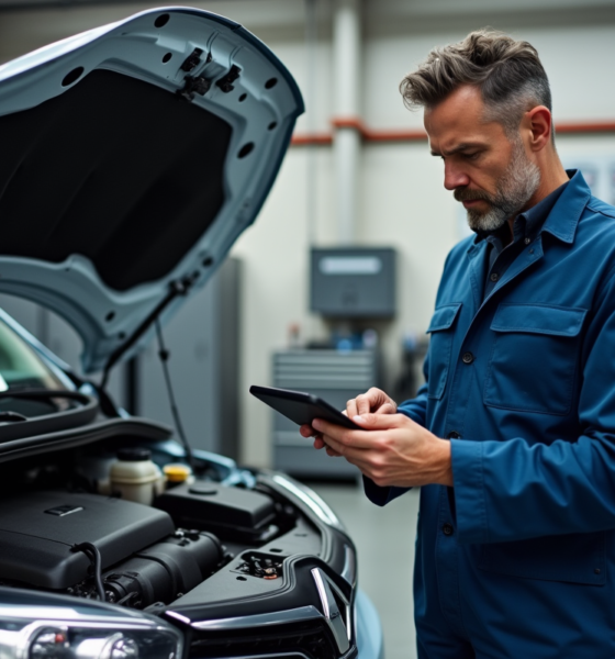 Mécanicien homme en bleu examinant un diagnostic auto Renault