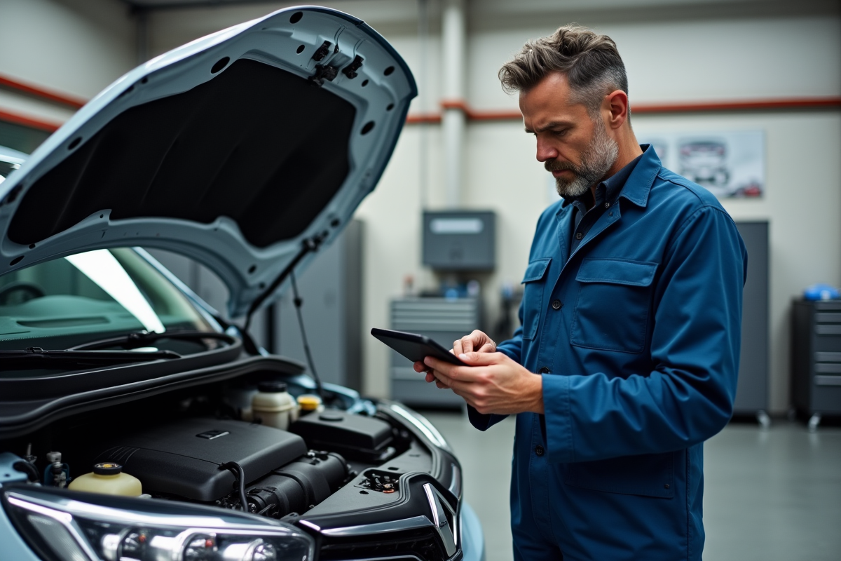 Mécanicien homme en bleu examinant un diagnostic auto Renault
