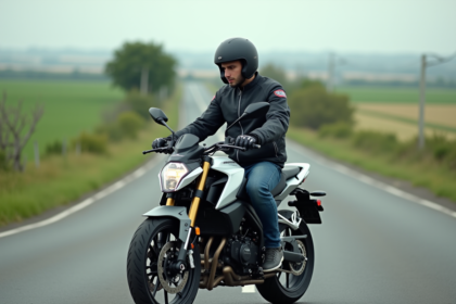 Motard homme en pleine action sur une route rurale