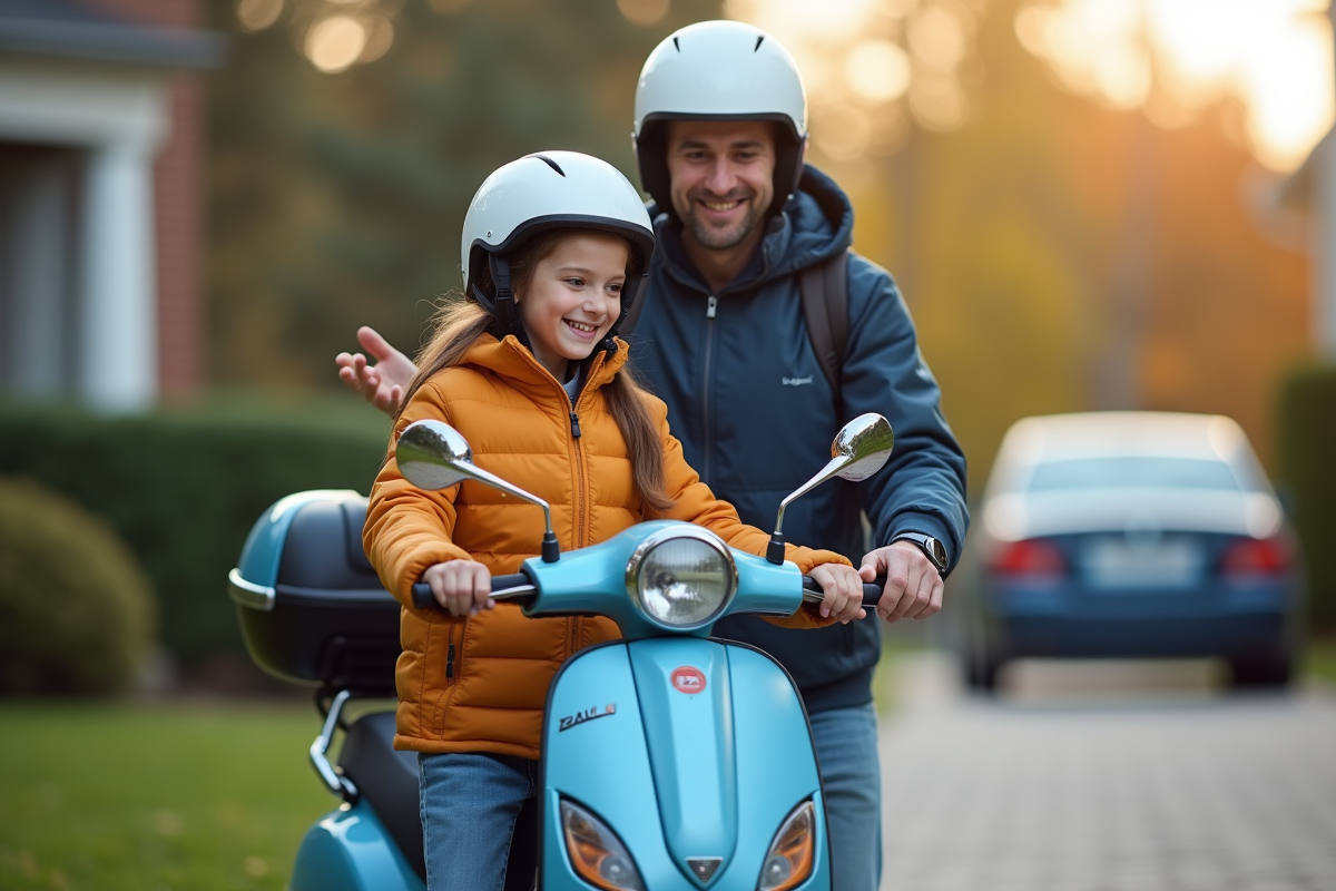 Pere et fille apprenant a conduire un scooter