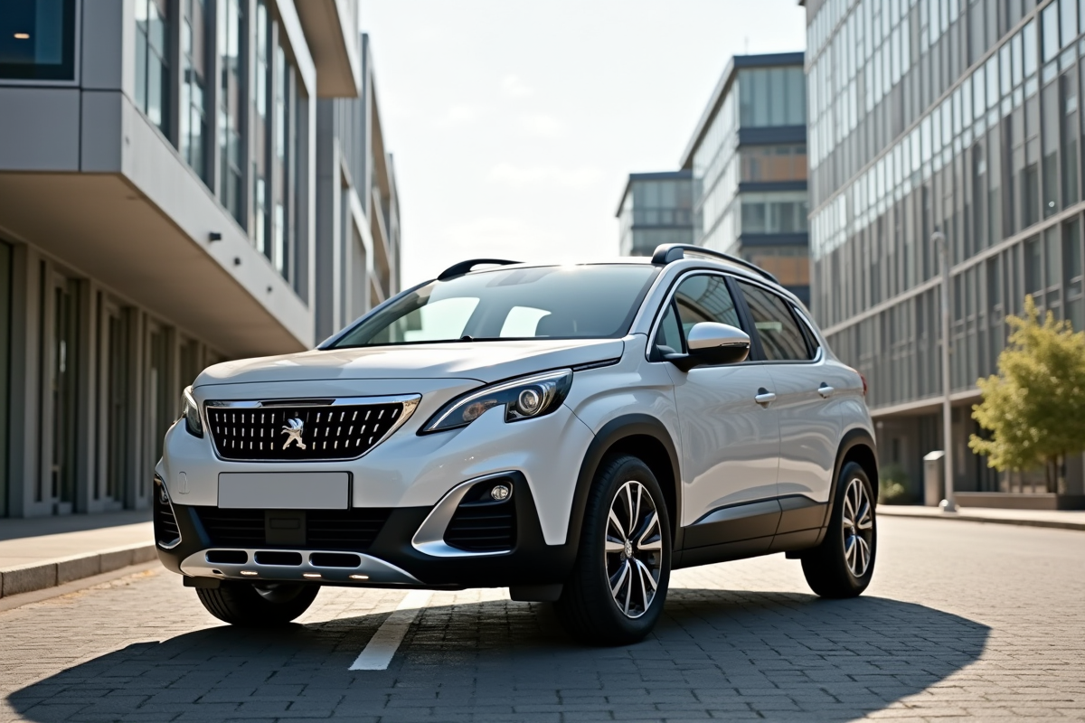 Peugeot 2008 moderne stationnée en ville en plein soleil