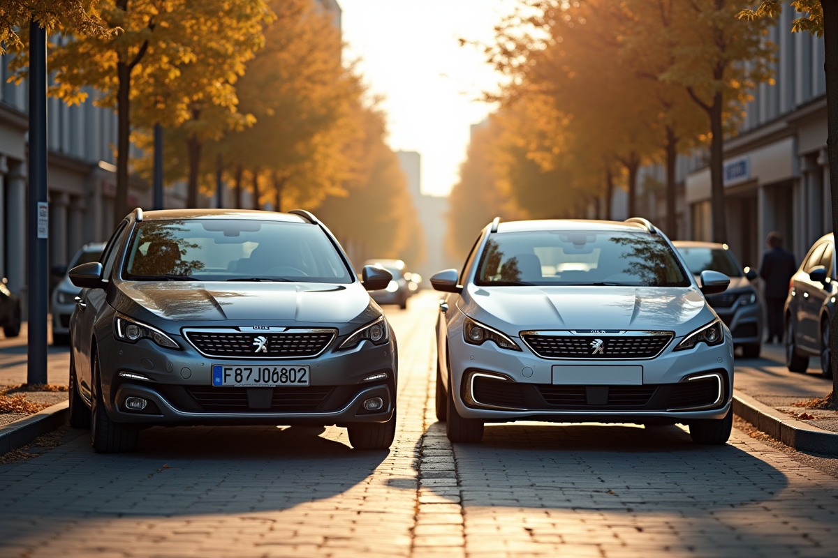 Peugeot 308 ancienne et nouvelle côte à côte en ville