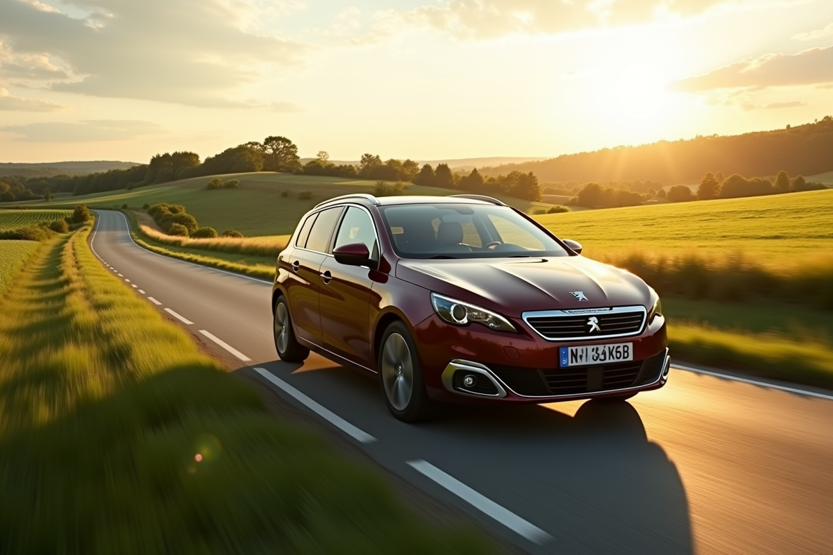 Peugeot 308 2015 roulant en campagne avec champs verts et soleil