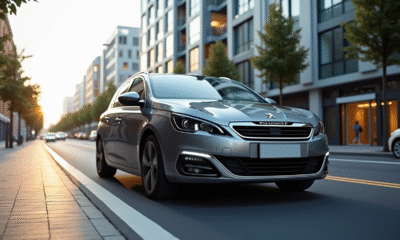 Peugeot 308 2015 stationnée en ville avec architecture moderne