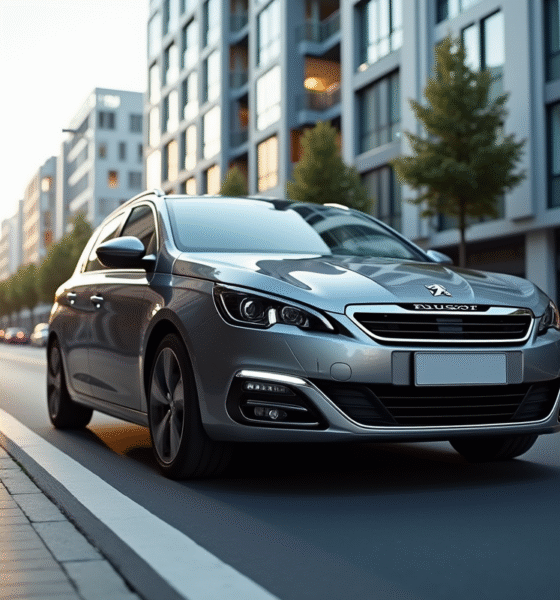 Peugeot 308 2015 stationnée en ville avec architecture moderne