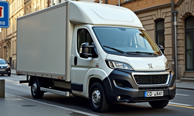 Peugeot Boxer stationné en ville vu en contre-plongée
