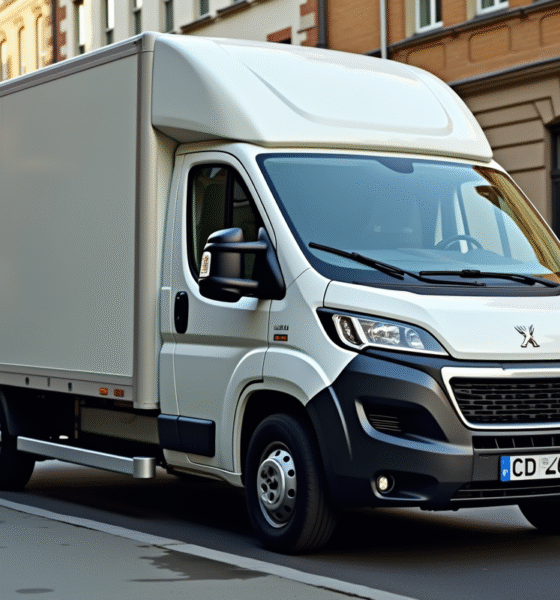 Peugeot Boxer stationné en ville vu en contre-plongée