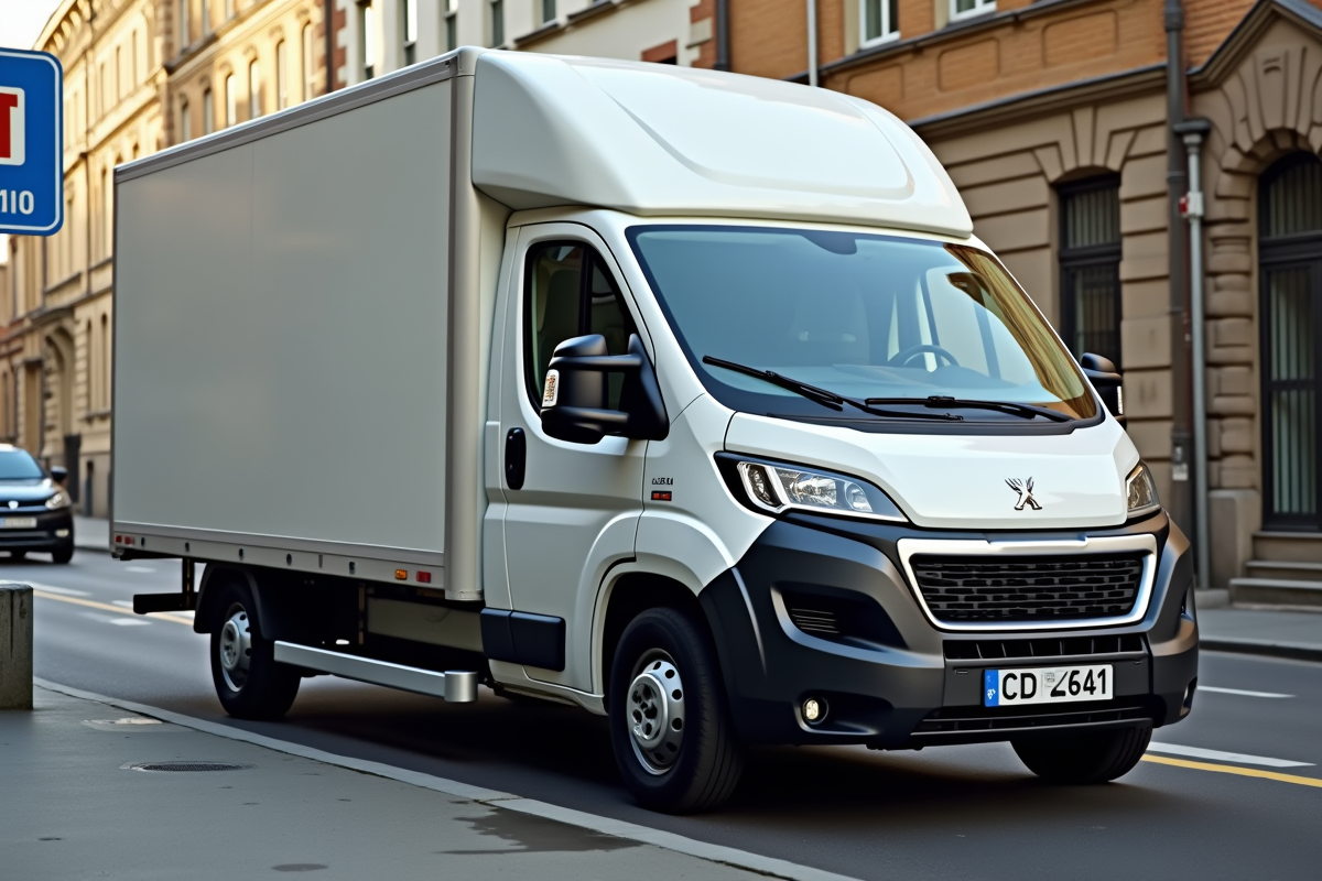 Peugeot Boxer stationné en ville vu en contre-plongée