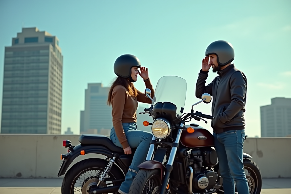 Couple vérifiant leur équipement de moto en ville