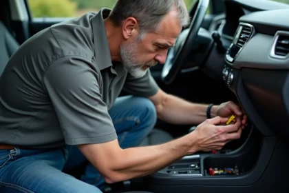 Homme d'âge moyen remplaçant un fusible dans la boîte à fusibles de la voiture
