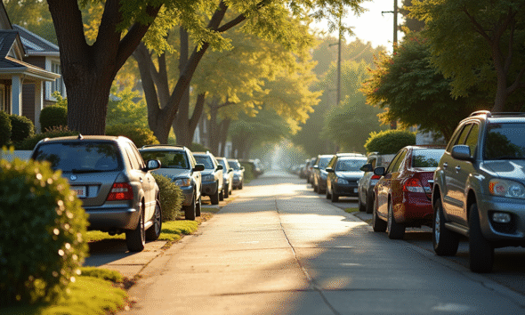Rue résidentielle avec voitures stationnées en plein soleil