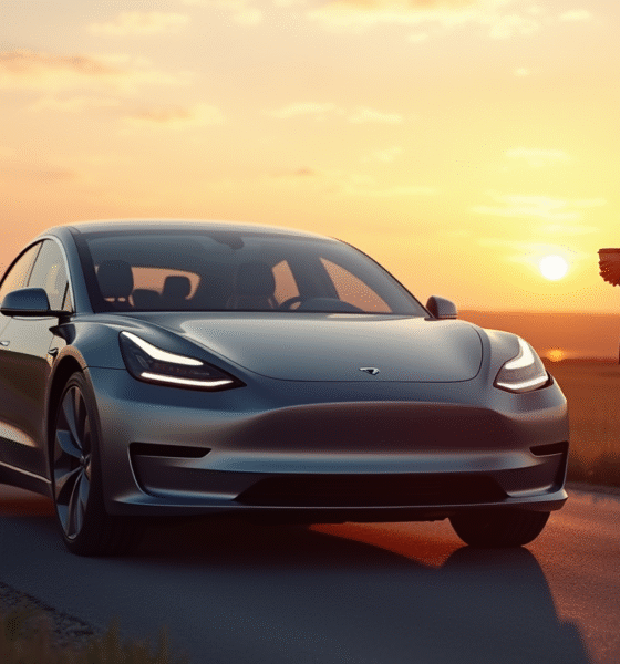 Voiture électrique moderne au lever du soleil en campagne