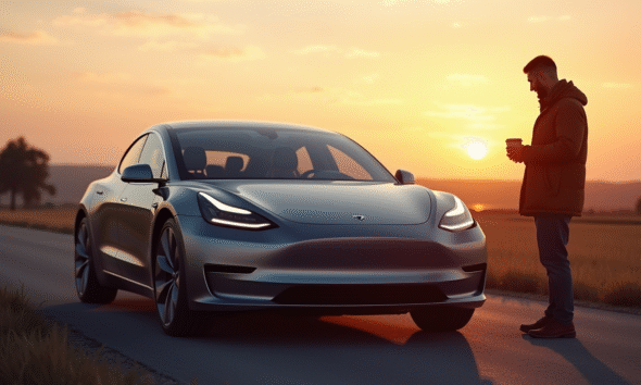 Voiture électrique moderne au lever du soleil en campagne