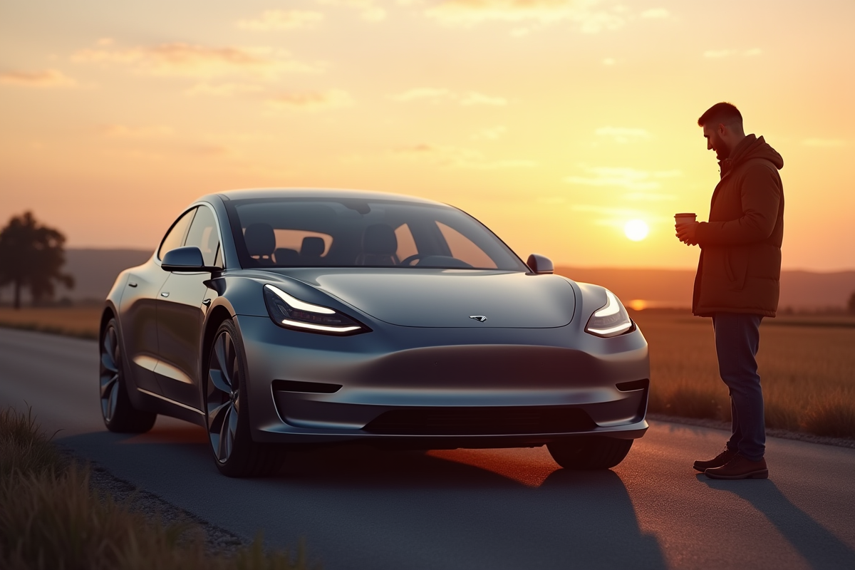 Voiture électrique moderne au lever du soleil en campagne